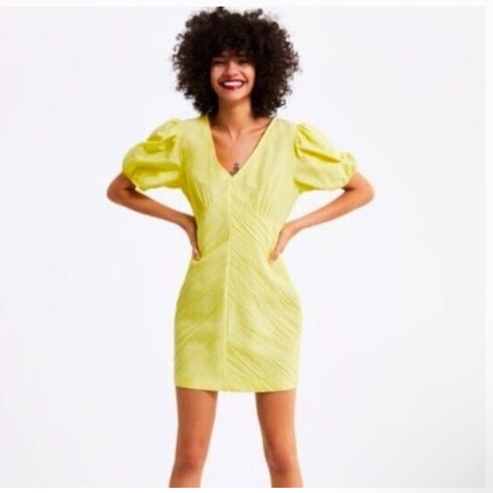 Zara Draped Rushed Puff Sleeve Dress - Picture 2 of 5